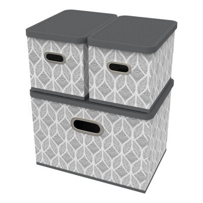 HomeLife Úložný box s vekom súprava 3 ks - list sivá-biela