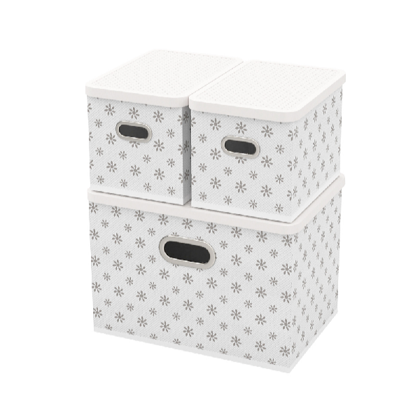 HomeLife Úložný box s vekom súprava 3 ks - biele kvietky